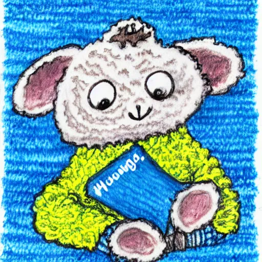 Image similar to a lamb with a blue knitted sweater hugging his mom, children's book drawing