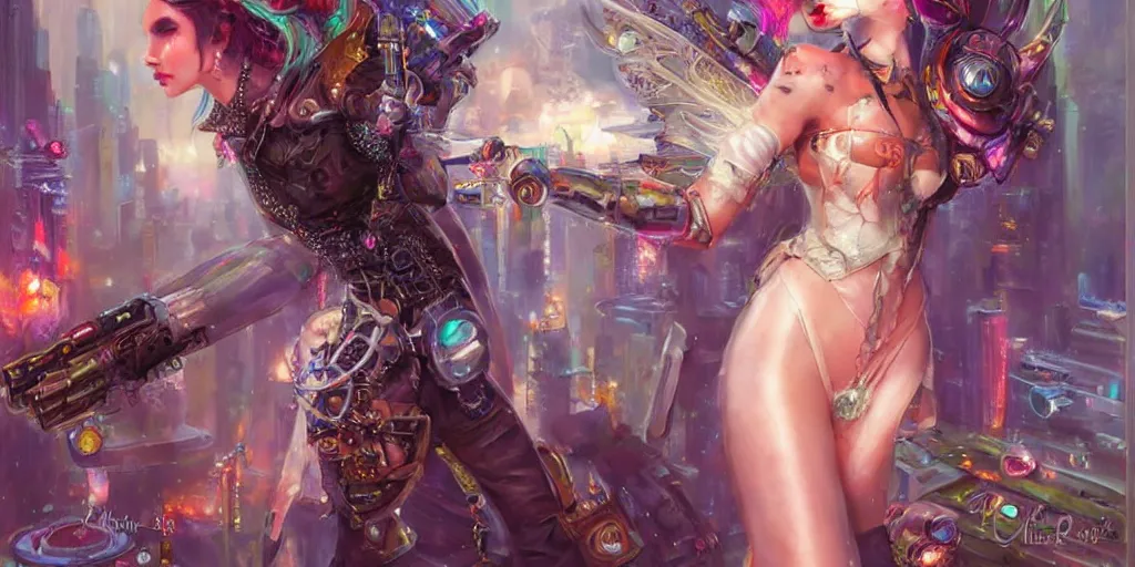 Image similar to cyberpunk fairycore. By Konstantin Razumov, highly detailed