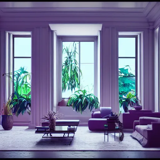 Prompt: vaporwave living room, liminal space, high detail, rendered in unreal engine, 3d render, god rays, volumetric lighting, mansion, interior, large windows, vegetation