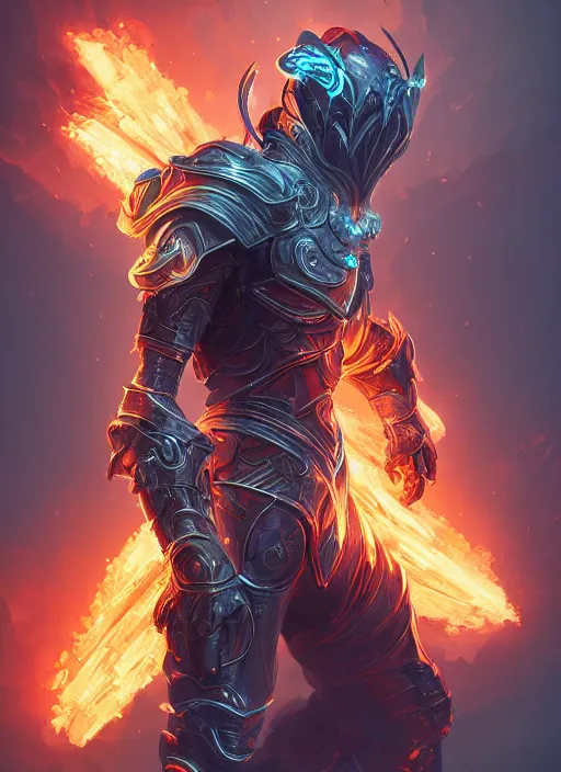 Image similar to a highly detailed illustration of futuristic cyber knight with flaming plume, glowing line cracks in armor, dramatic standing pose, intricate, elegant, highly detailed, centered, digital painting, artstation, concept art, smooth, sharp focus, league of legends concept art, WLOP