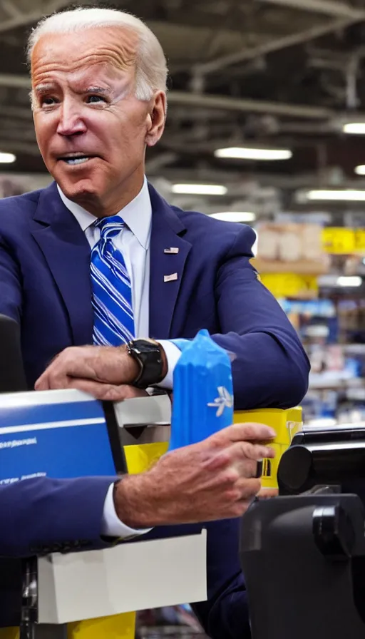 Prompt: joe biden working at walmart, cinema still