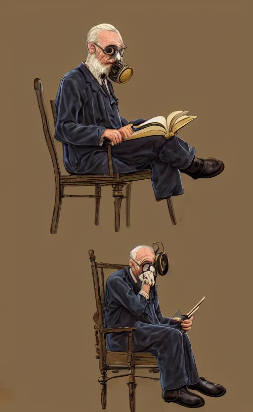 Image similar to old man, work, vintage dress, sittin, chair, book, gasmask, do what we can, then leave it to god, non fiction, stability, intricate, elegant, 8 k uhd, justify content center, artstation, concept art, matte, sharp focus, illustration, art by paul lung