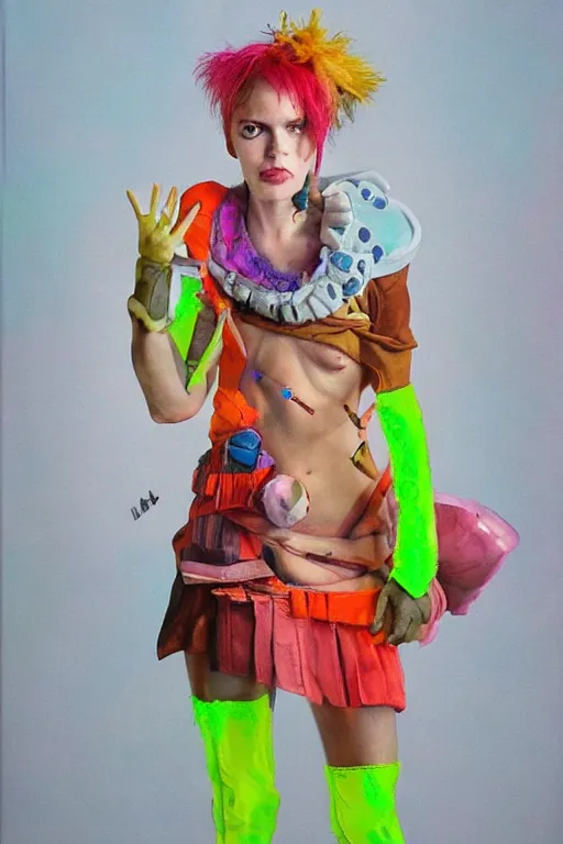 Image similar to a character wearing a diy! costume, with fluo colored details, muted colors, vivienne westwood, nausicaa, hyper real painting