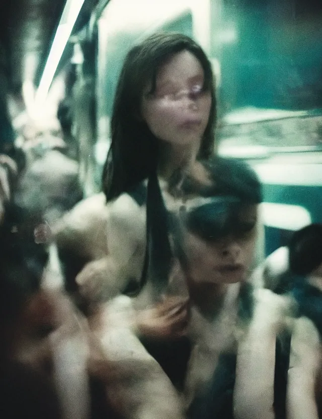 Prompt: portrait of girl with smokey eyes makeup in a subway train, neon light, wide high angle coloured polaroid photograph with flash, kodak film, hyper real, stunning moody cinematography, with anamorphic lenses, by maripol, fallen angels by wong kar - wai, style of suspiria and neon demon and children from bahnhof zoo, detailed