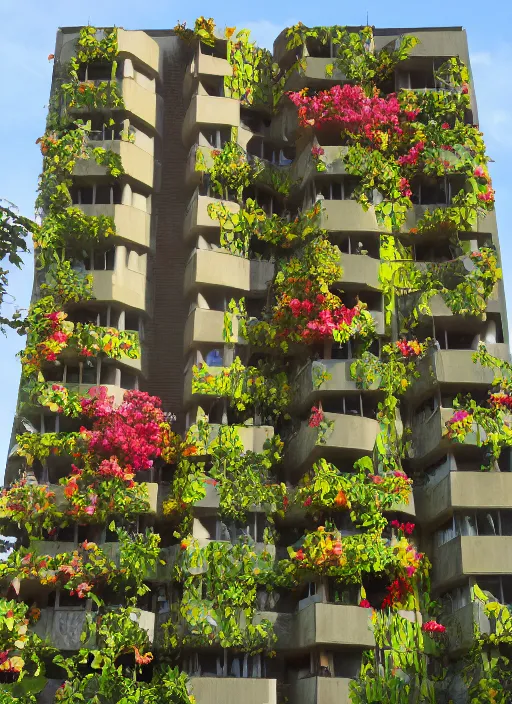 Image similar to brutalist buildings covered in colorful vines and flowers by Denys Lasdun William Morris and Mies van Der Rohe, artstation, masterpiece