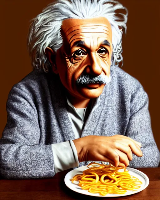 Image similar to a portrait of albert einstein sitting at the dining table with a plate containing jalebi in front of him, highly detailed, trending on artstation, bokeh, 9 0 mm, f / 1. 4