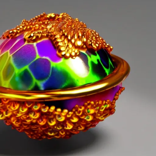 Image similar to a colorful refractive dragon scale egg sitting on a nest of gold rings, photorealistic, symmetrical, unreal engine