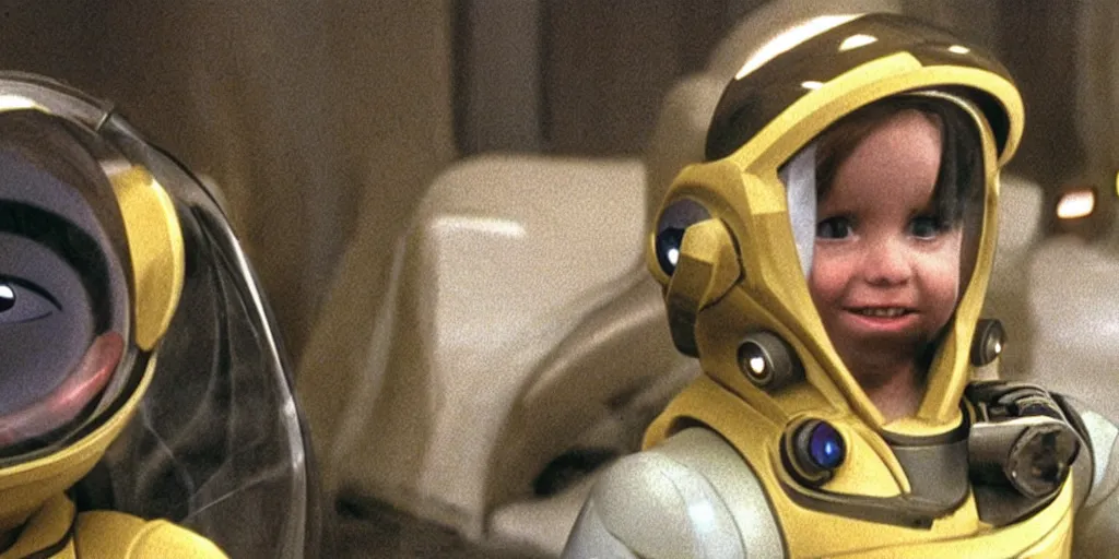 Image similar to lightning bug descendant 1 million in the future has hands and a mouth with big eyes. the bug wears a spacesuit, and explores the cosmos in a spaceship. science fiction blockbuster movie bugs save the planet or the bug from saturn, silent running ( film ), sttng ( television ), arrival ( film ), lightyear ( film )