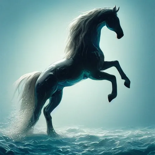 Image similar to a fantastical transparent small turquoise spirit horse made of water and foam and algae, splashing water, wave, translucent, ethereal, noble, radiant, hyperalism, scottish folklore, digital painting, artstation, concept art, smooth, 8 k frostbite 3 engine, ultra detailed, art by artgerm and greg rutkowski and magali villeneuve