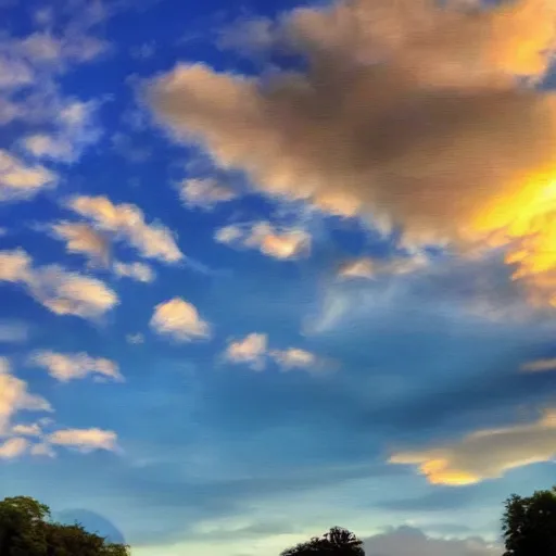 Prompt: university of Leeds, impressionist painting, weed leaves as clouds in sky, dramatic sunset lighting