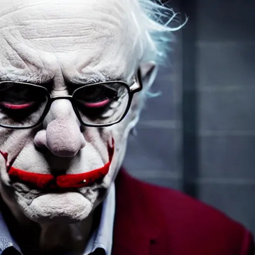 Image similar to stunning awe inspiring bernie sanders dressed as the joker movie still 8 k hdr atmospheric lighting