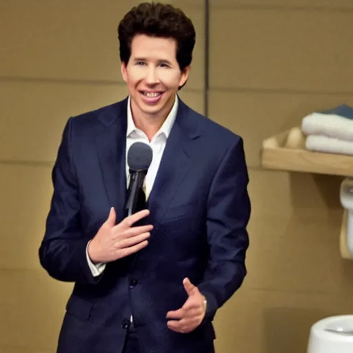 Prompt: Joel Osteen on a package of toilet paper