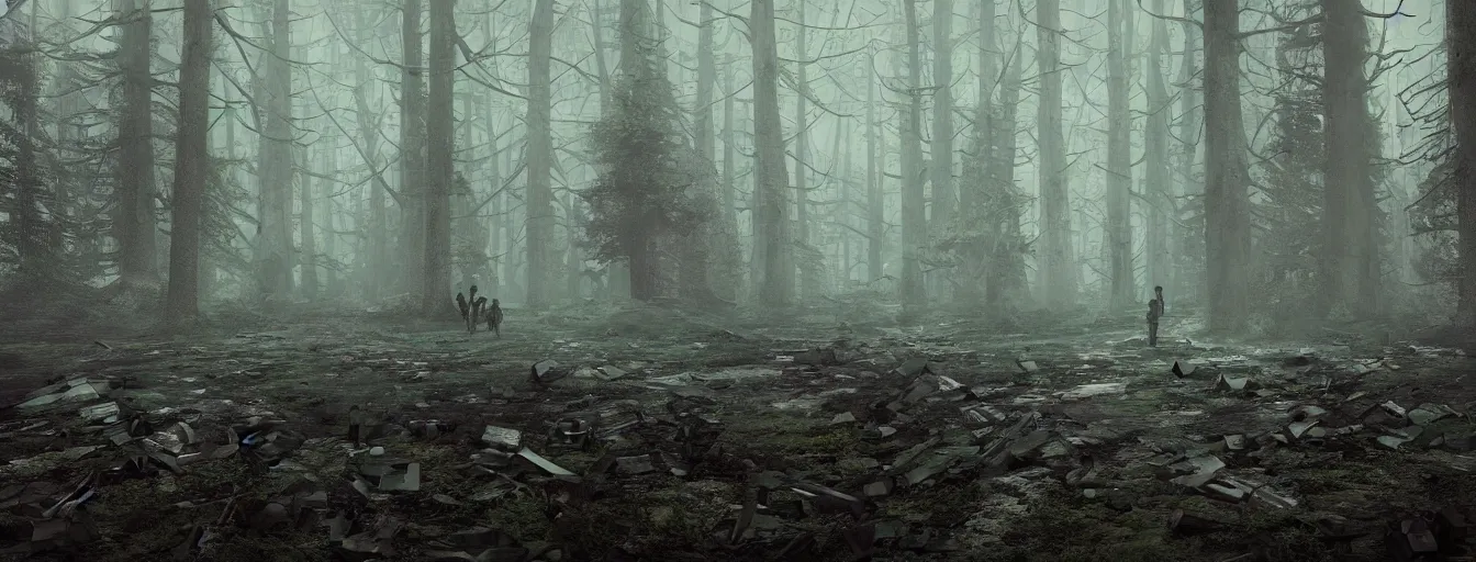 Image similar to night dark foggy forest with military robots with strong lights searching for hidden human soldiers, postapocalyptic style, heavy rain, reflections, high detail, dramatic moment, motion blur, dense ground fog, dark atmosphere, saturated colors, by darek zabrocki, render in unreal engine - h 7 0 4