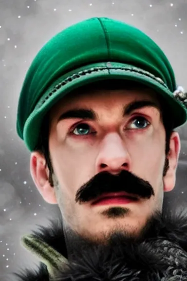 Image similar to very very intricate photorealistic photo of a realistic human version of luigi wearing his hat in an episode of game of thrones, photo is in focus with detailed atmospheric lighting, award - winning details