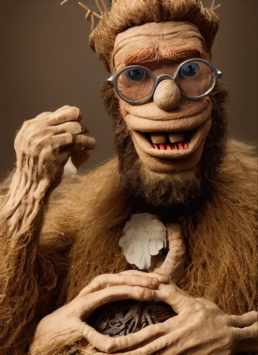 Prompt: 8 5 mm f 1. 8 photograph of a claymation monster dwarf wearing hipster glasses, highly detailed diorama, by erwin olaf and anton corbijn, smooth, sharp foccus, commercial photography, fashion shoot