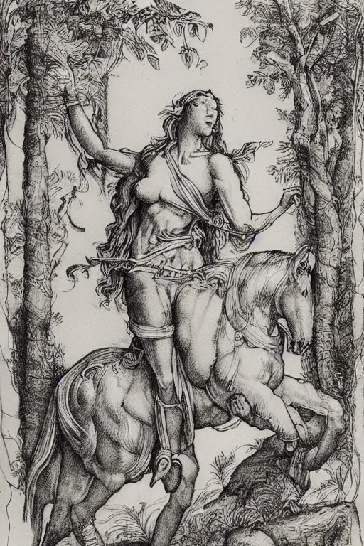 Prompt: “8k ink drawing of Diana huntress in thick forest, Horses in run, intricate in style of Michelangelo and Albrecht Durer, hand made paper”