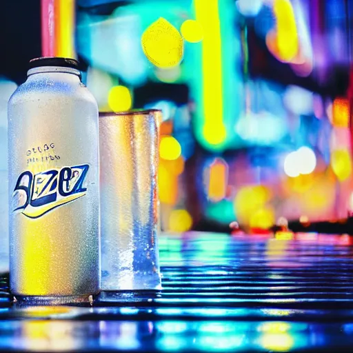 Image similar to ad truly seltzer can day glo lighting, professional photography, dutch angle, sweat and reflections, 8k