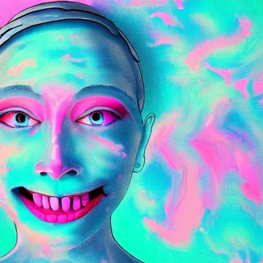 Prompt: happy smiling pink ice cream crying sky blue waffle cone face, high definition, beautiful mystical digital classic inspired rendered painting