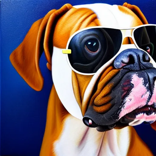 Prompt: photorealistic oil painting of boxer dog wearing sunglasses and smoking a cigarettes