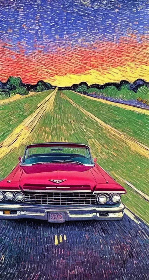 Image similar to far away photo of a 1 9 6 3 red cadillac convertible driving down an empty highway into a pink sunset, aesthetic, minimalist, realistic, surreal, by vincent van gogh