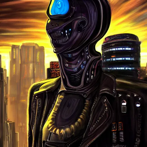 Image similar to focused portrait painting of a punk rock alien wearing a futuristic space suit, cyberpunk city in background, mood lighting, in the style of HRGiger, 8K