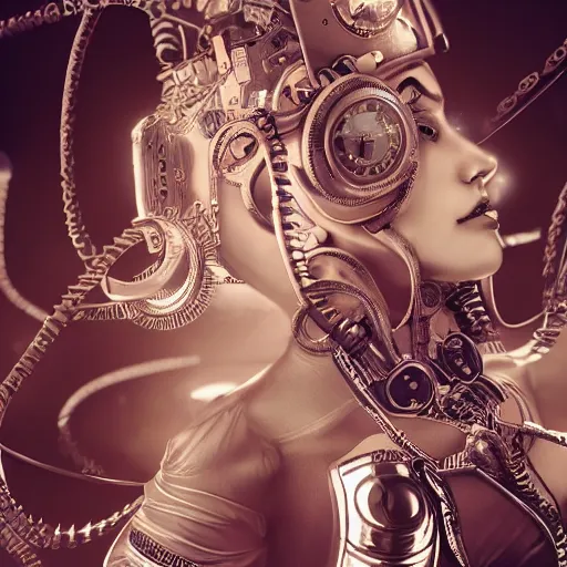 Image similar to the portrait of an absurdly beautiful, graceful, sophisticated, fashionable steampunk gynoid gravure idol, an ultrafine hyperdetailed illustration by kim jung gi, irakli nadar, intricate linework, neon wiring, porcelain skin, unreal engine 5 highly rendered, global illumination, radiant light, detailed and intricate environment
