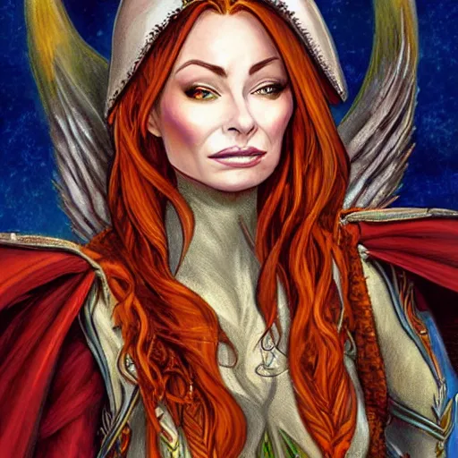 Image similar to Character portrait, face close up: Half Elf Female Celestial Warlock. Tori Amos avenging angel. In the style of Ralph Horsley