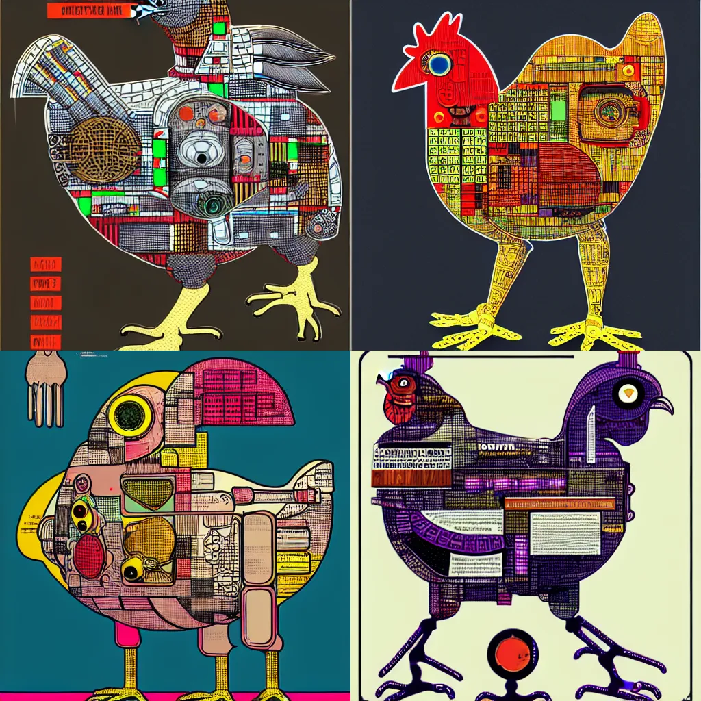 Prompt: a diagram of a chicken body with various parts, cyberpunk art by eduardo paolozzi, behance contest winner, computer art, greeble, steampunk, poster art, junji ito