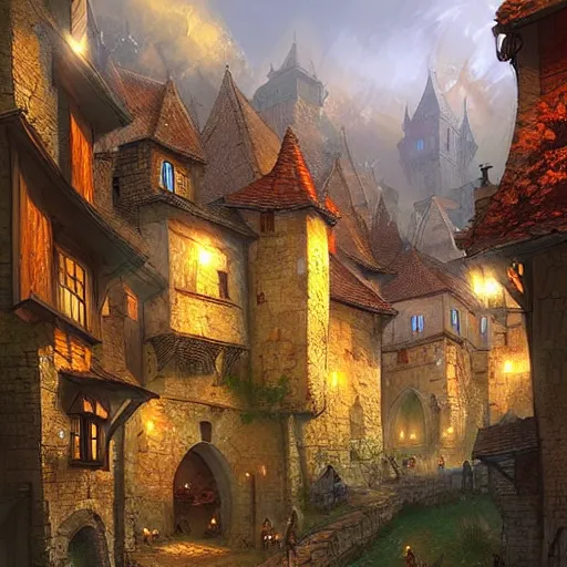 Prompt: a beautiful medieval village by Marc Simonetti