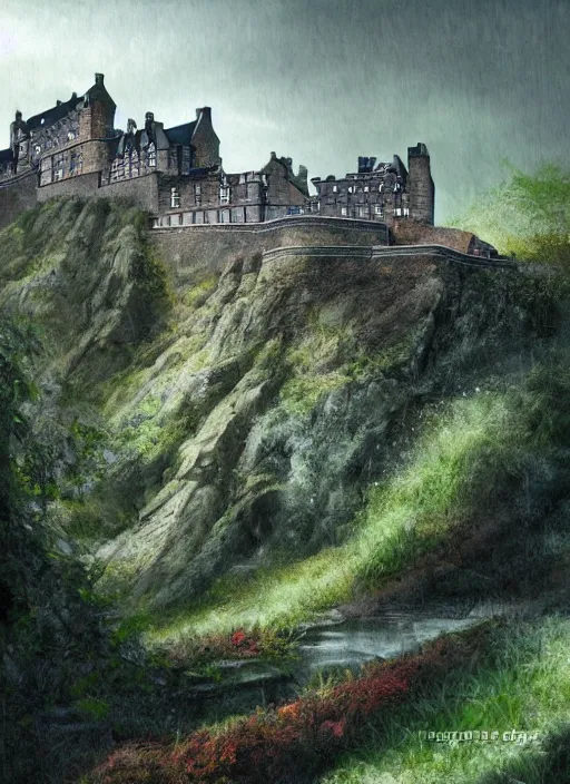 Image similar to a beautiful digital graphics design portrait of Edinburgh castle in Edinburgh. Edinburgh gardens overgrown with plants, caledonian forest, matte painting, fantasy art, highly detailed