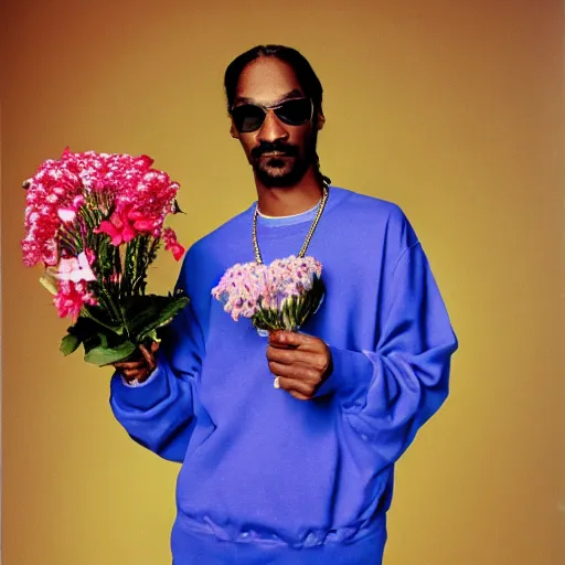 Image similar to Snoop Dogg holding a Vase of flowers for a 1990s sitcom tv show, Studio Photograph, portrait, C 12.0