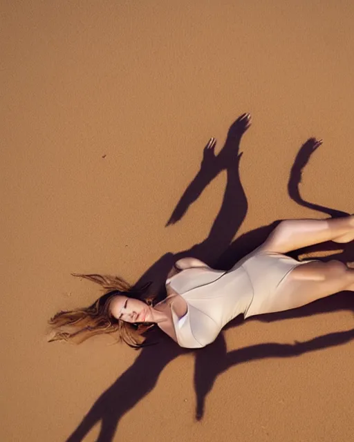 Prompt: olivia laying in the desert sand, wearing a sun dress, harsh shadows, bright lighting, black hair, freckles, pale skin, photo by greg rutkowski, female beauty, intricate detail, elegance, sharp shapes, masterpiece