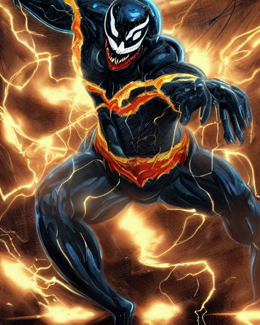 Image similar to venom as the flash, dynamic lighting, fantasy concept art, trending on art station, stunning visuals, creative, cinematic, ultra detailed, comic strip style