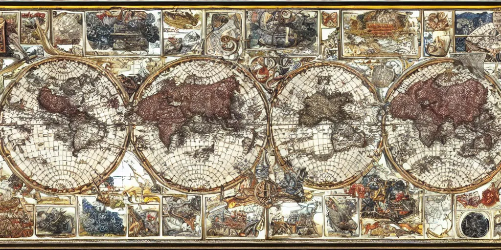 Prompt: highly detailed labeled atlas map poster of a synthetic planet, heraldic, detailed, paper drawing, fractal structure, golden, silver and crimson ink, factories and nature, intricate details