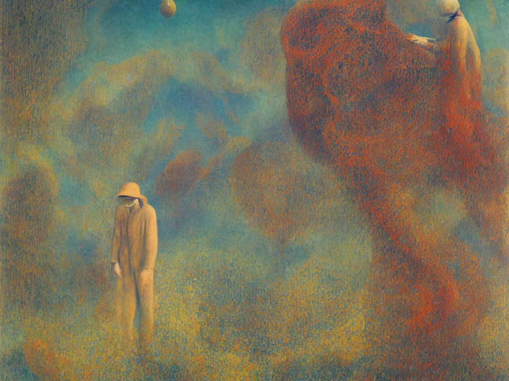 Prompt: man in white beekeeper suit touching the coral reef. painting by mikalojus konstantinas ciurlionis, bosch, max ernst, agnes pelton, rene magritte