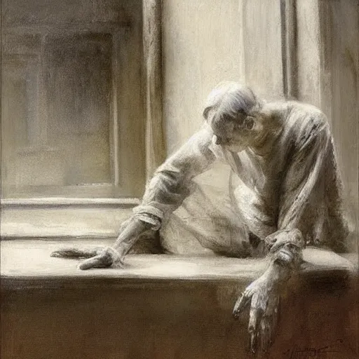 Prompt: weathered hands resting on a window sill, soft light, by jeremy mann, anders zorn.