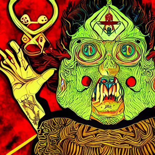 Image similar to portre of an autistic demon on acid, masonic and kabalistic symbols in background, digital art, 8k, delicate details