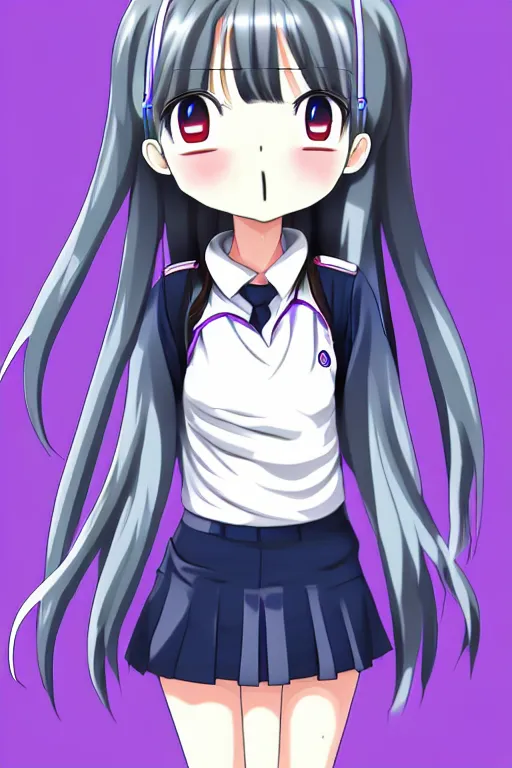 Prompt: full body anime portrait of a cute android girl round eyes long hair dressed in a school uniform inside the school, peace sign, stunning, highly detailed, anatomically correct