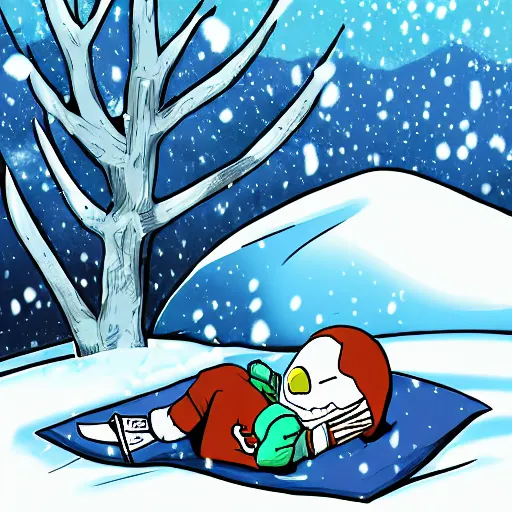 Prompt: Sans from undertale napping under a tree in the snow, digital art