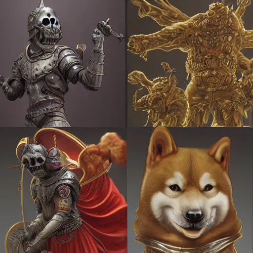 Image similar to anthropomorphic shiba inu, bismuth metal armor, anthropomorphic shiba inu, standing, cementary of skulls, fantasy 3 d render, masterpiece, red aura, by donato giancola and greg rutkowski and wayne barlow and zdzisław beksinski, realistic face