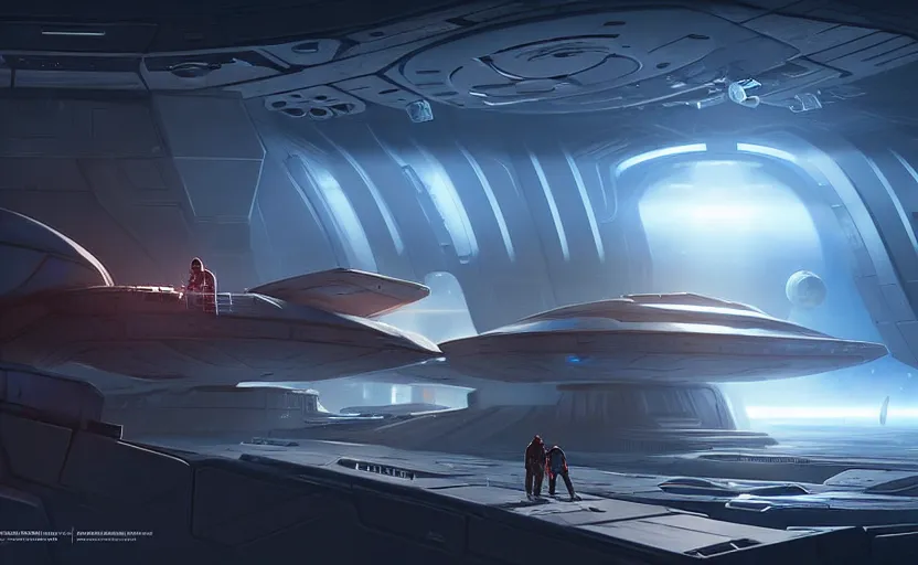 Image similar to a female spacship captain repairing her ship in a spaceport, space opera and dystopian style, d & d, fantasy concept art, global illumination, interesting composition, volumetric lighting, art by enki bilial, highly detailed