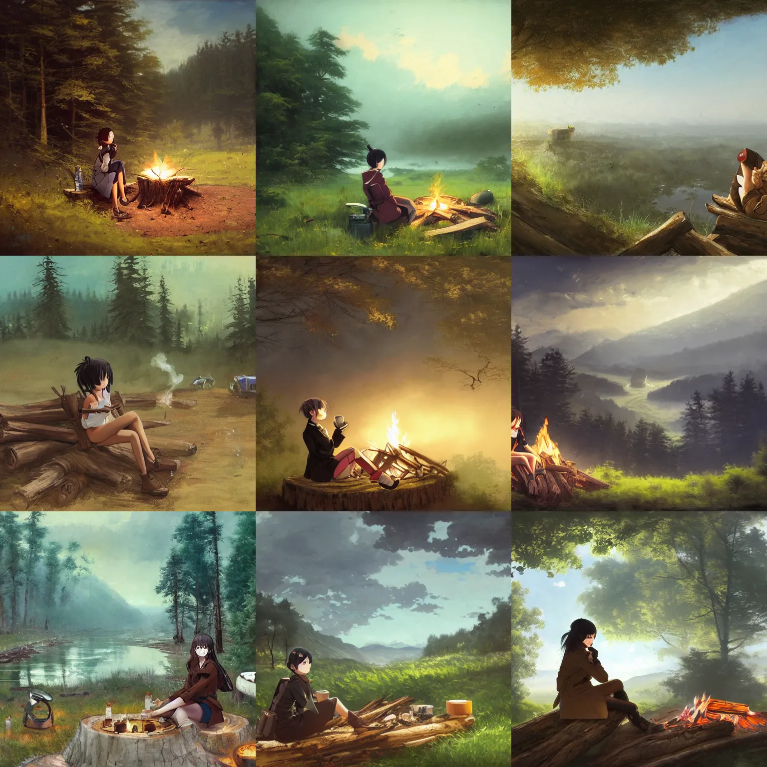 Prompt: Panoramic photograph on an anime girl with short black hair and green eyes in a tan trenchcoat sitting on a log and drinking tea by the campfire by her motorrad at night, ray tracing, large landscape with village, Jakub Rozalski