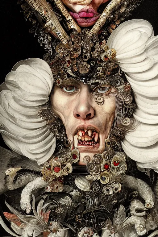 Image similar to Detailed maximalist portrait with large lips and with large white eyes, angry expression, HD mixed media, 3D collage, highly detailed and intricate surrealism, illustration in the style of Caravaggio, dark art, baroque