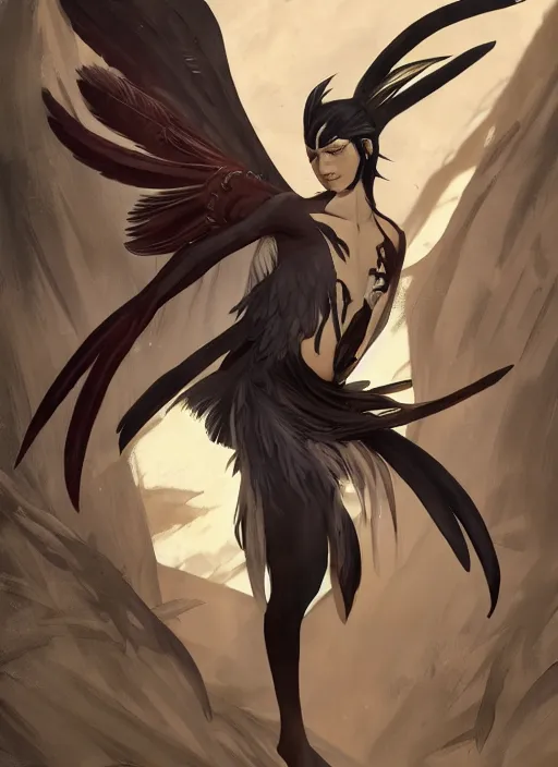 Prompt: concept art painting of a harpy bird human hybrid with black feathers, androgynous, pirate clothes, detailed, realistic, cel shaded, in the style of makoto shinkai and james gurney and alphonse mucha and greg rutkowski and artgerm