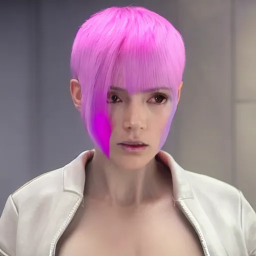 Image similar to joi from blade runner 2 0 4 9 as a giant pink skinned translucent hologram with blue hair, neo noire