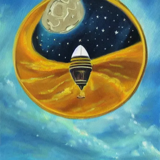 Prompt: a painting of a giant coin flying towards the moon like a rocket