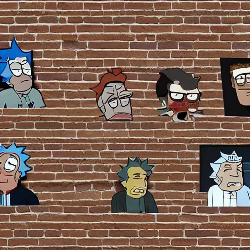 Image similar to a wall of bricks with rick Sanchez’s face and in between the bricks is mortar with Morty smith’s face