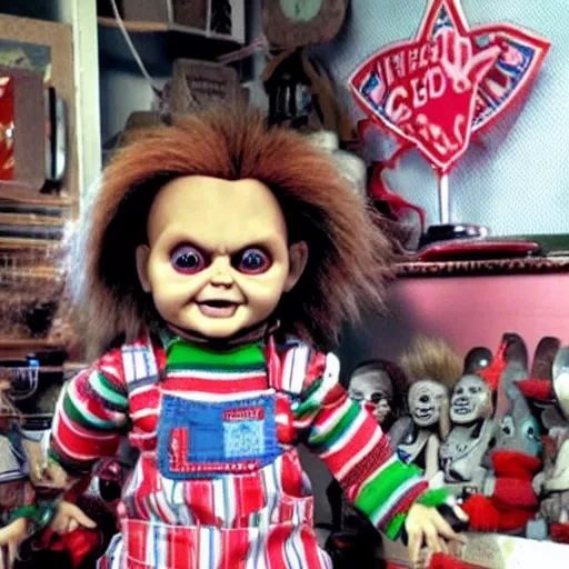 Image similar to Chucky the killer dollfor sake in creepy thrift store