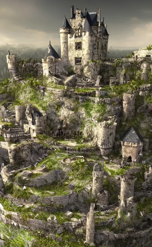 Image similar to a abandoned castle on the edge of a high cliff, 8 k, shallow depth of field, intricate detail, concept art,