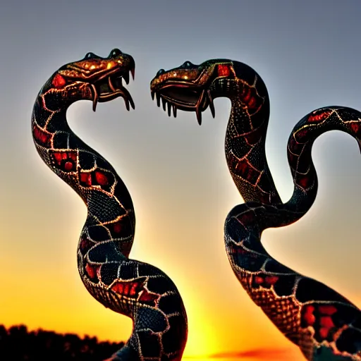 Prompt: Jeweled serpents in the sunset